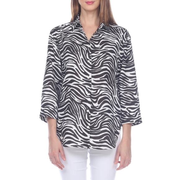 Hinson Wu Halsey 3/4 Sleeve Luxe Linen Zebra Printed Oversize Shirt Black White - Picture 1 of 6